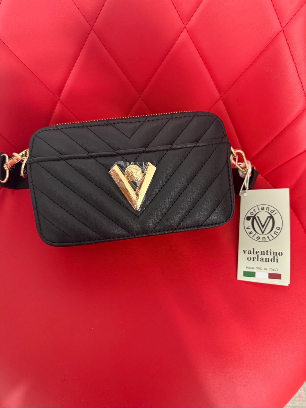 Valentino Orlandi Black Quilted Crossbody with Gold V Accent